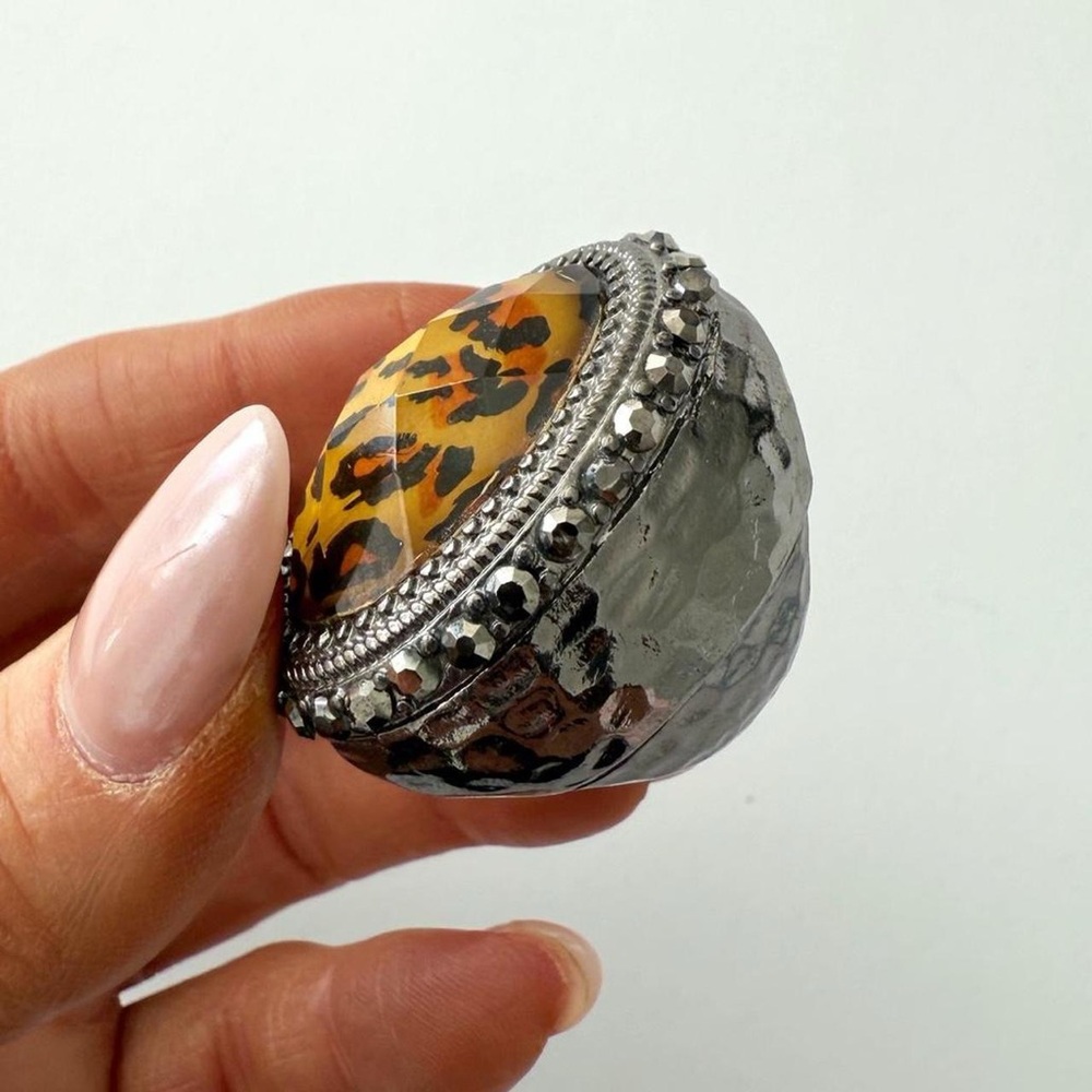 Chunky Leopard Print & Rhinestone Statement Cocktail Ring - Adjustable - Picture 7 of 8